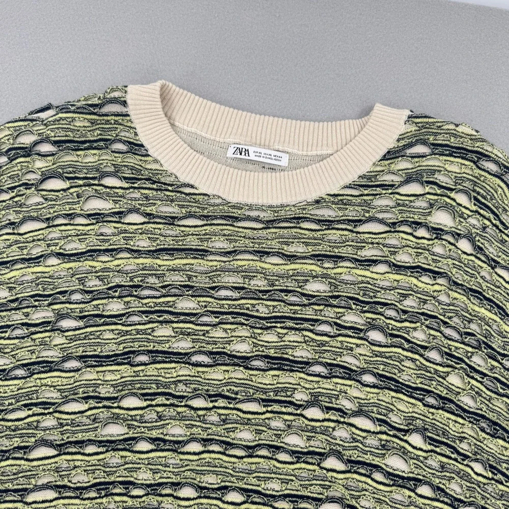 Zara Man Open Knit Striped Sweater Mens XL Green/Black Distressed Mesh Indie